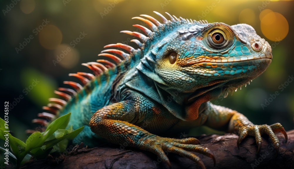  a close up of an iguana on a tree branch with a boke of light in the background.