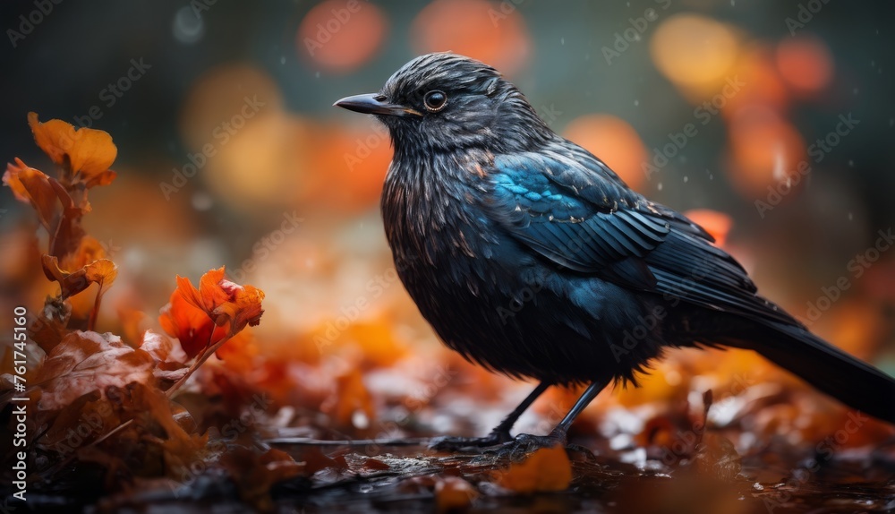 Fototapeta premium a black bird sitting on top of a pile of leaves next to a red and orange plant with water droplets on it.