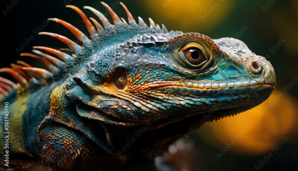 a close up of a lizard's head with orange and blue stripes on it's head and a blurry background. a close up of a lizard's head with orange and blue stripes on it's head and a blurry background.
