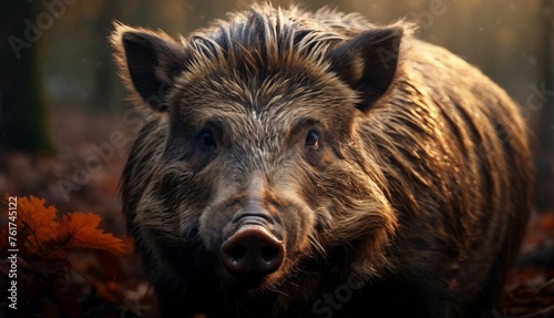  a close up of a wild boar in a wooded area with leaves on the ground and trees in the background. © Jevjenijs