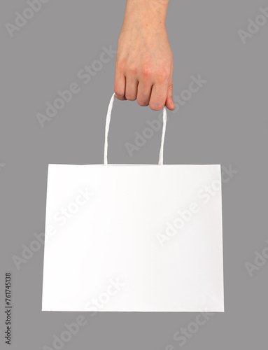 Hand holding shopping bag, paper packet, pack with handles, white package isolated