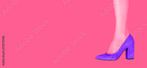 Leg in heeled shoe. Bright footwear store, banner background