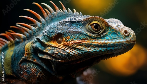  a close up of a lizard's head with orange and blue stripes on it's head and a blurry background. © Jevjenijs