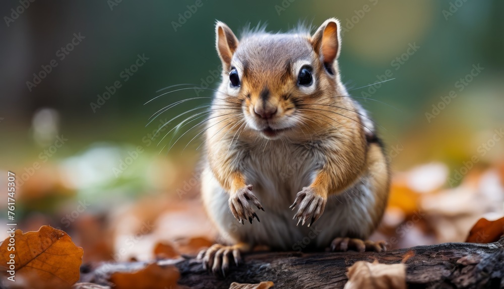 a close up of a small rodent on a log with leaves on the ground and trees in the background. a close up of a small rodent on a log with leaves on the ground and trees in the background.