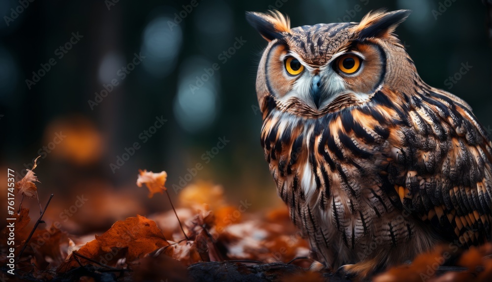 a close up of an owl in a field of leaves with a blurry background of trees and trees in the background. a close up of an owl in a field of leaves with a blurry background of trees and trees in the background.