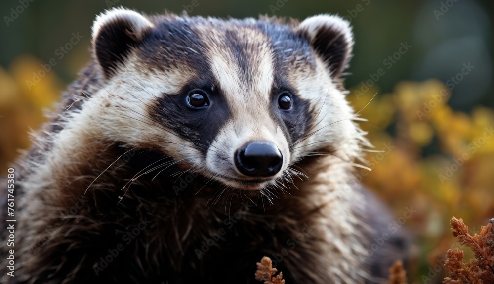  a close up of a raccoon in a field of flowers with a blurry background of yellow flowers.