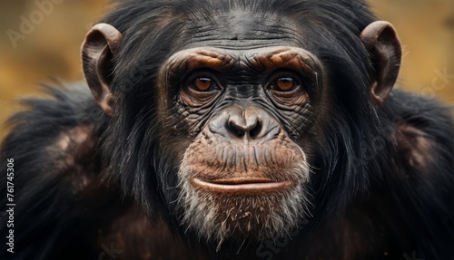  a close up of a monkey's face with a serious look on it's face and a blurry background.