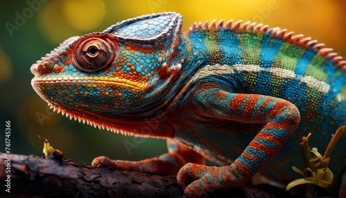  a close up of a colorful chamelon sitting on top of a tree branch with a blurry background.