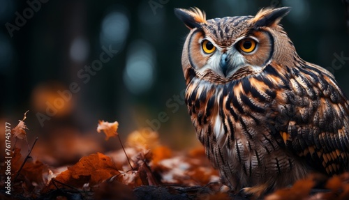 a close up of an owl in a field of leaves with a blurry background of trees and trees in the background. © Jevjenijs