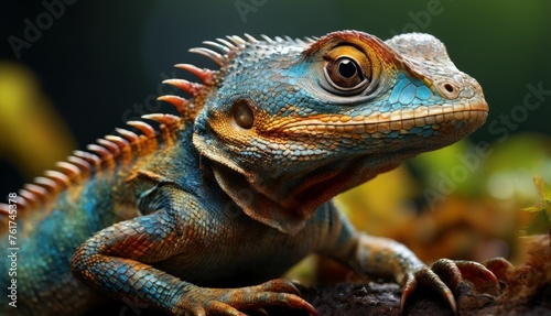  a close up of an iguana on a tree branch with leaves in the foreground and a blurry background. © Jevjenijs