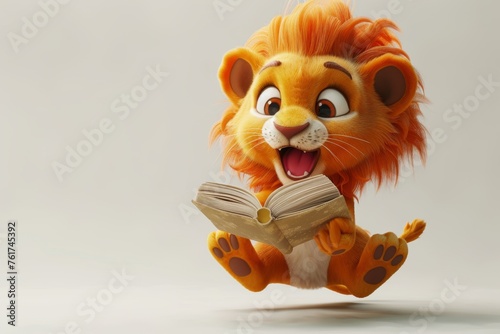 A character in the form of a smart lion reading a book . 3d illustration. The concept of teaching and educational work