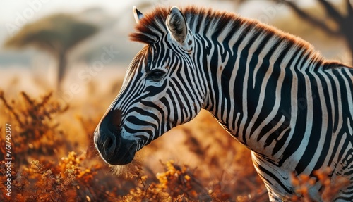  a close up of a zebra in a field of tall grass with trees in the back ground and bushes in the foreground. © Jevjenijs