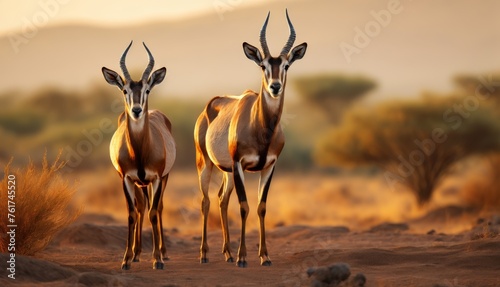  a couple of gazelle standing next to each other on a dirt field with a mountain in the back ground.