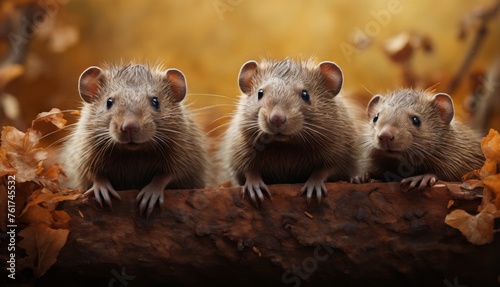  a group of three mice sitting on top of a tree branch in front of a yellow and brown leafy background. © Jevjenijs