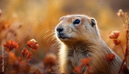  a close up of a groundhog in a field of flowers with a blurry background of grass and flowers.