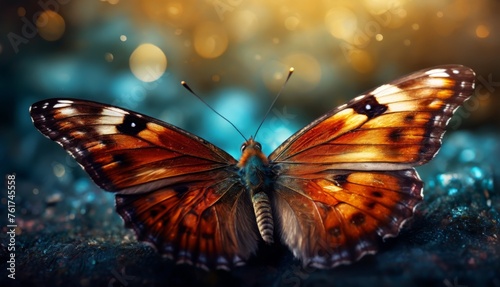  a close up of a butterfly with a blurry background and boke of light coming from the top of the wings.