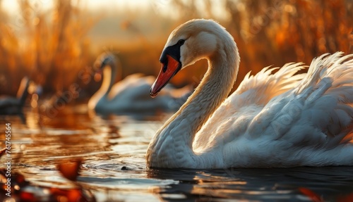  a close up of a swan swimming in a body of water with other ducks in the water and trees in the background.