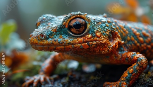  a close up of an orange and blue frog on a rock with green leaves in the background and a blurry sky in the background.