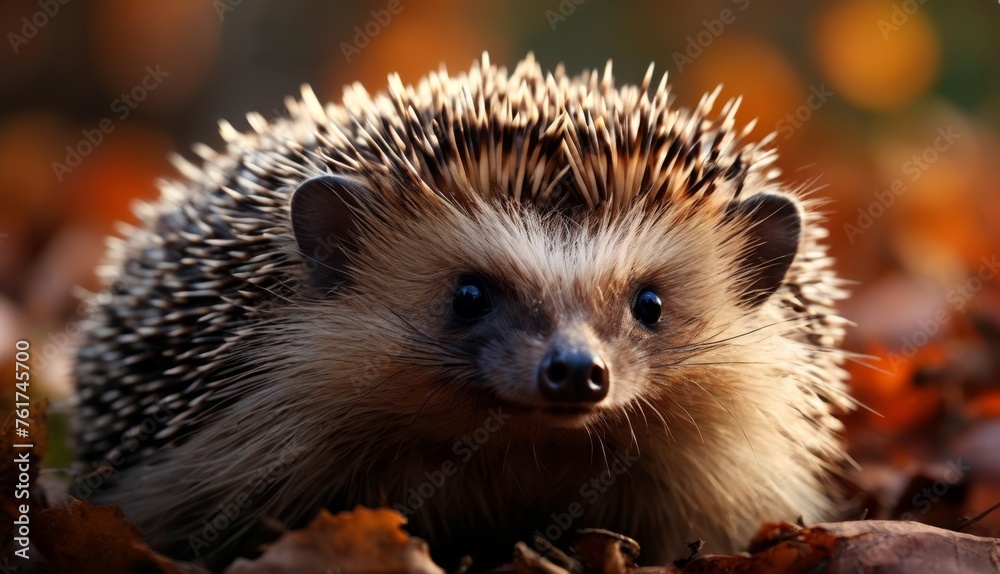 a close up of a hedgehog on the ground with leaves in the foreground and a blurry background. a close up of a hedgehog on the ground with leaves in the foreground and a blurry background.