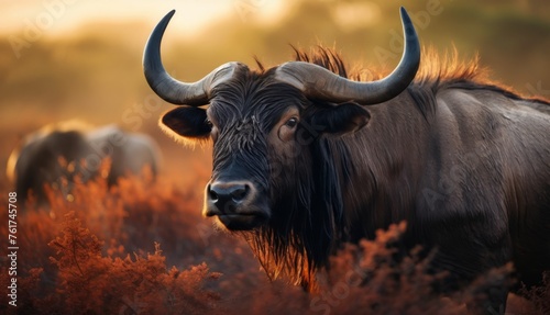 a close up of a bull with long horns in a field of tall grass with other animals in the background.