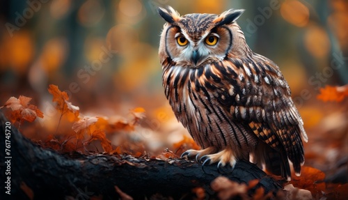  a close up of an owl on a tree branch with leaves in the foreground and a blurry background. © Jevjenijs