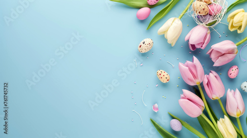 Easter invitation, with tulips and colored eggs on blue background with copy space.	