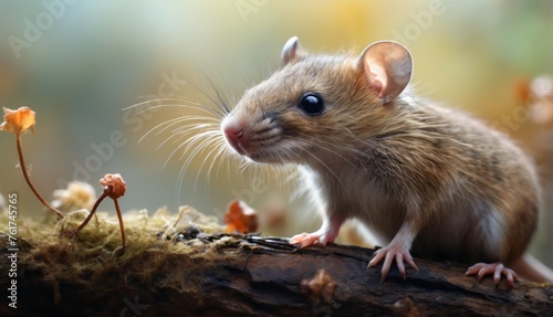  a close up of a small rodent on a tree branch with leaves on the ground and a blurry background. © Jevjenijs