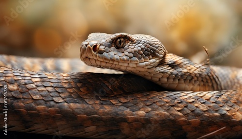  a close up of a snake's head on top of another snake's head with a blurry background.