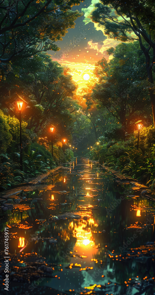 Sunset trail in a lush tropical park - A magical moment where a golden sunset illuminates a wet path in a tropical park with glowing lamps