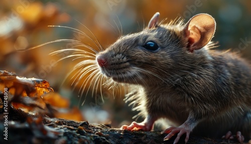  a close up of a rodent on a tree branch with leaves in the foreground and a blurry background.
