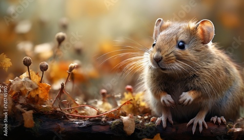  a close up of a rodent sitting on a log in a field of leaves and flowers with a blurry background.