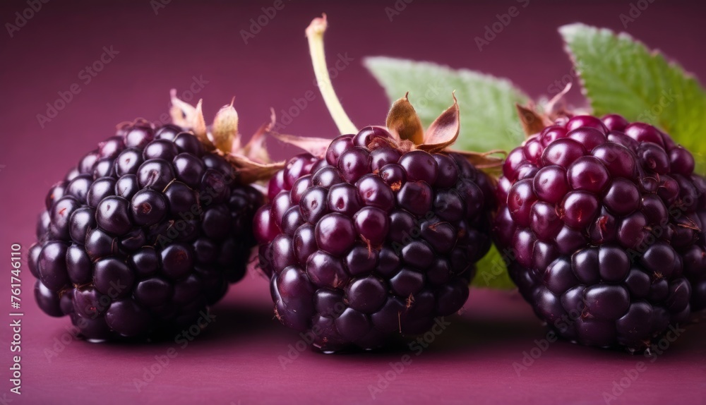 a group of blackberries with green leaves on a purple background with a pink background and a green leaf on the left side of the image. a group of blackberries with green leaves on a purple background with a pink background and a green leaf on the left side of the image.