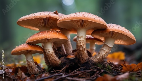  a group of mushrooms sitting on top of a forest floor covered in leaves and mulchs, in front of a blurry background of trees.