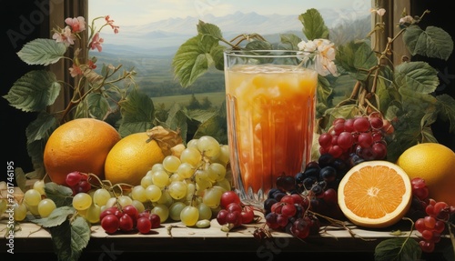  a painting of oranges, grapes, and grapes next to a glass of orange juice with a mountain view in the background.