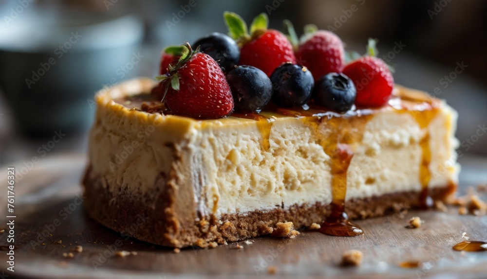 a piece of cheesecake topped with berries and caramel drizzle on top of a wooden cutting board. a piece of cheesecake topped with berries and caramel drizzle on top of a wooden cutting board.