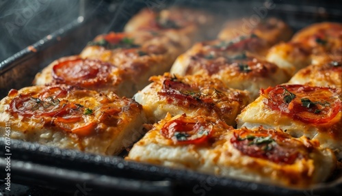  a close up of a pan of pizzas on a grill with a lot of toppings on top of it.