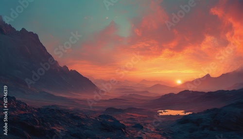  a painting of a sunset over a mountain range with a body of water in the foreground and mountains in the background.