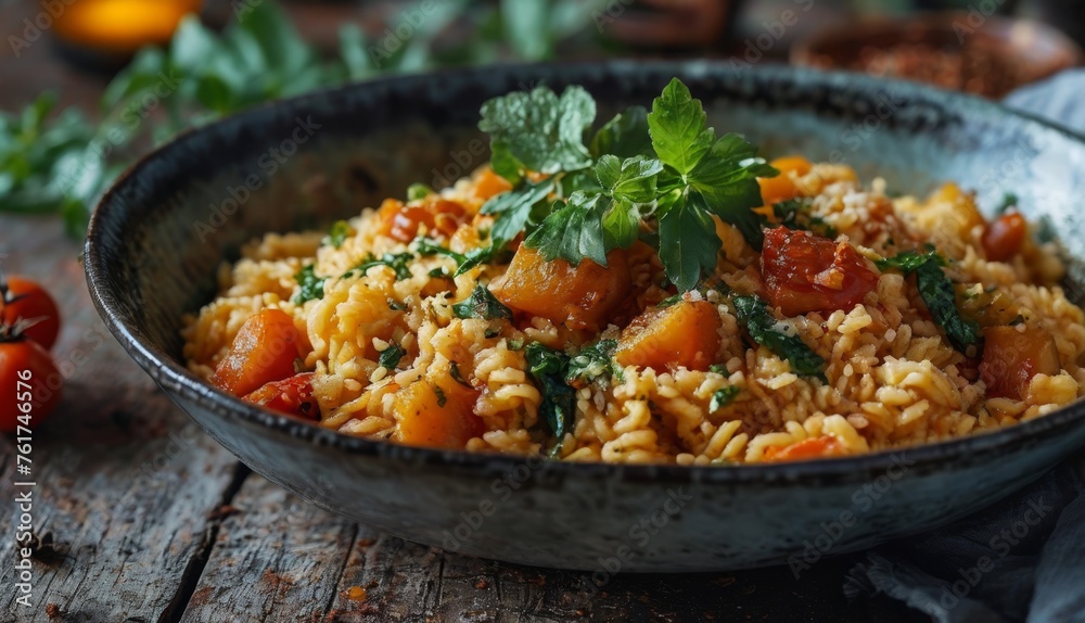  a close up of a bowl of food on a table with tomatoes and parsley on the side of the bowl.