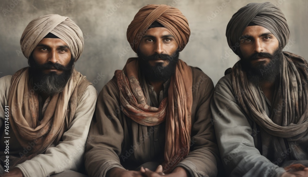 three men in turbans sitting next to each other in front of a gray wall with one wearing a brown shawl and the other wearing a tan turban. three men in turbans sitting next to each other in front of a gray wall with one wearing a brown shawl and the other wearing a tan turban.