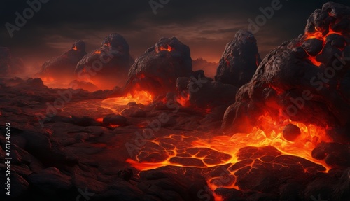  a lava scene with rocks and lava in the foreground and a dark sky in the background with clouds in the distance.