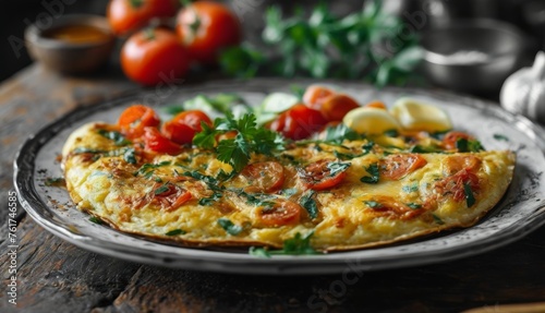  an omelet with tomatoes and spinach on a plate on a wooden table next to a cup of coffee.