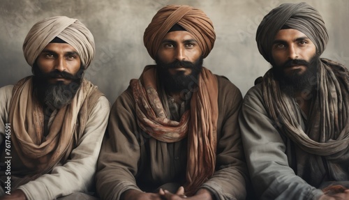  three men in turbans sitting next to each other in front of a gray wall with one wearing a brown shawl and the other wearing a tan turban.