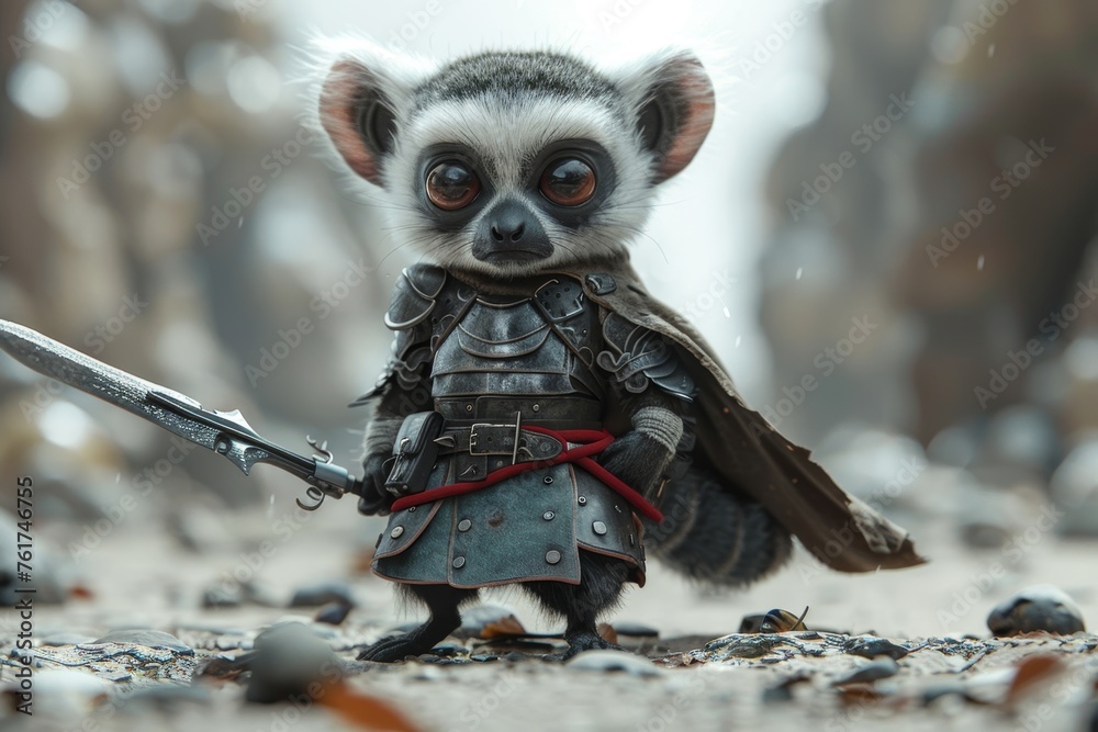 Fototapeta premium The cartoon character is a Lemur in knight's armor