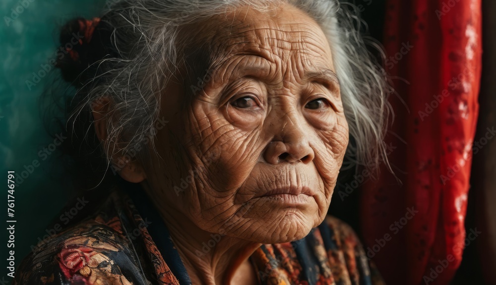 an old asian woman with wrinkles and wrinkles on her face, looking at the camera with a serious look on her face. an old asian woman with wrinkles and wrinkles on her face, looking at the camera with a serious look on her face.