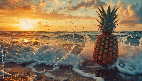  a pineapple sitting on top of a sandy beach next to the ocean with a sun setting in the background. © Jevjenijs