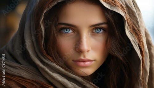  a close up of a woman's face with blue eyes and a brown shawl on top of her head.