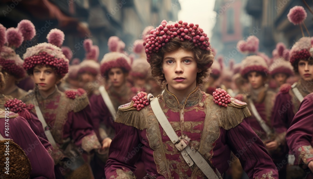  a group of people dressed in red and pink outfits and headdresses are standing in front of a group of other people.