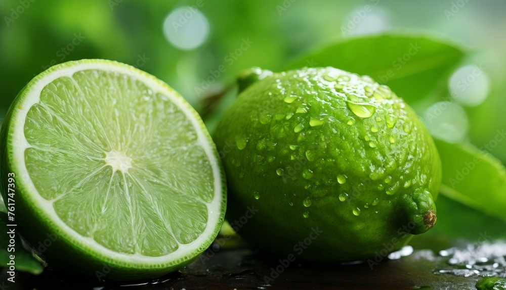 a close up of a lime and a slice of lime on a table with water droplets on the surface and green leaves in the background. a close up of a lime and a slice of lime on a table with water droplets on the surface and green leaves in the background.