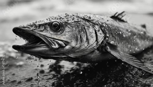 a black and white photo of a fish with it's mouth open and it's mouth wide open.