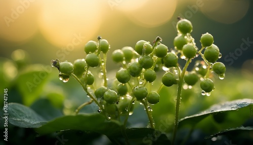  a close up of a bunch of green berries on a plant with water droplets on the leaves and the sun shining in the background. © Jevjenijs